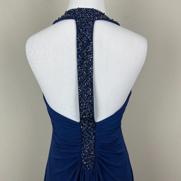 Alex Evenings Dress 4P Navy Blue Pleated Beaded Halter V-Neck Padded Bust Party - Picture 8 of 13